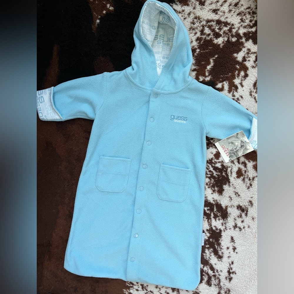 NWT Baby Guess Fuzzy Hooded Onesie Sleeper in Blue | Sz: 3-6MO